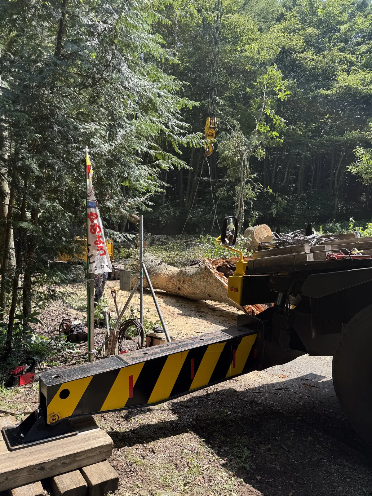 富士見町の現場で伐採木を積み込む作業車とクレーンのフック