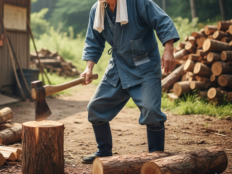 薪割り作業から解放されて休憩する人の写真